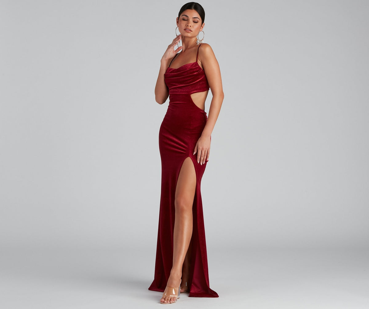 Velvet Cowl Neck Cutout High Split Gown