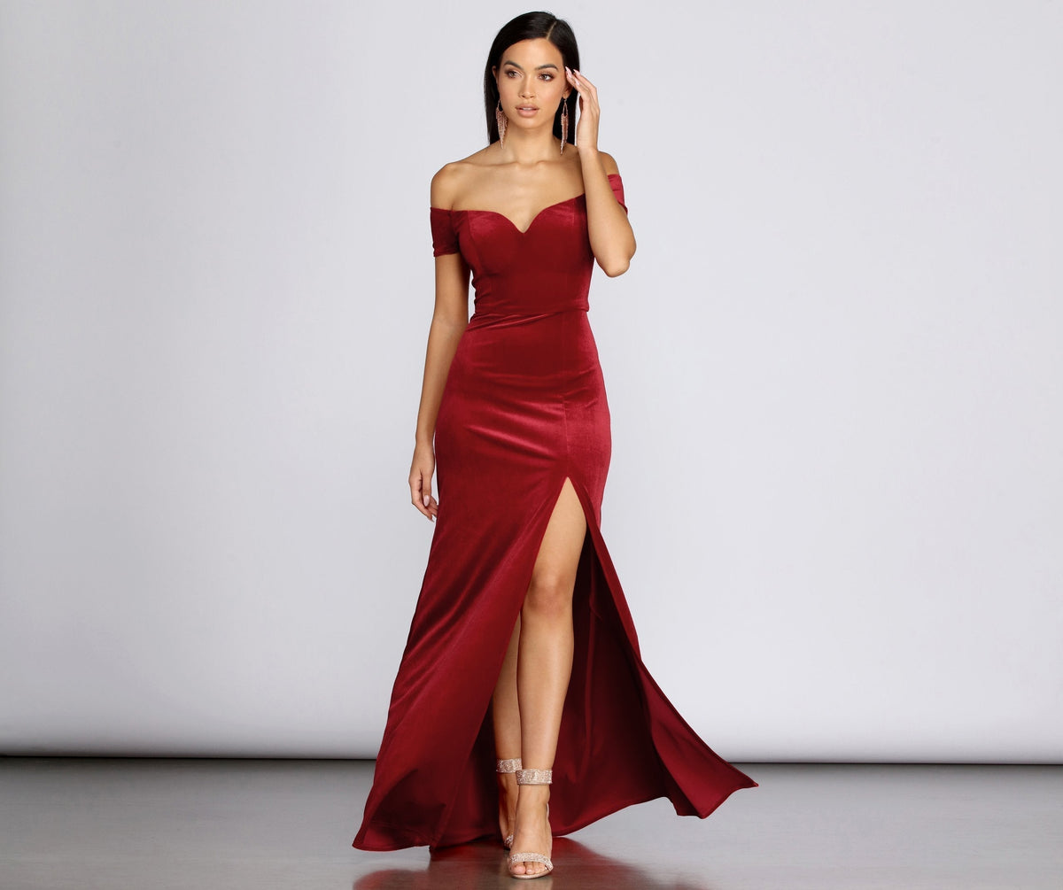 Velvet Off Shoulder Sweetheart High Split Mermaid Maxi Gown