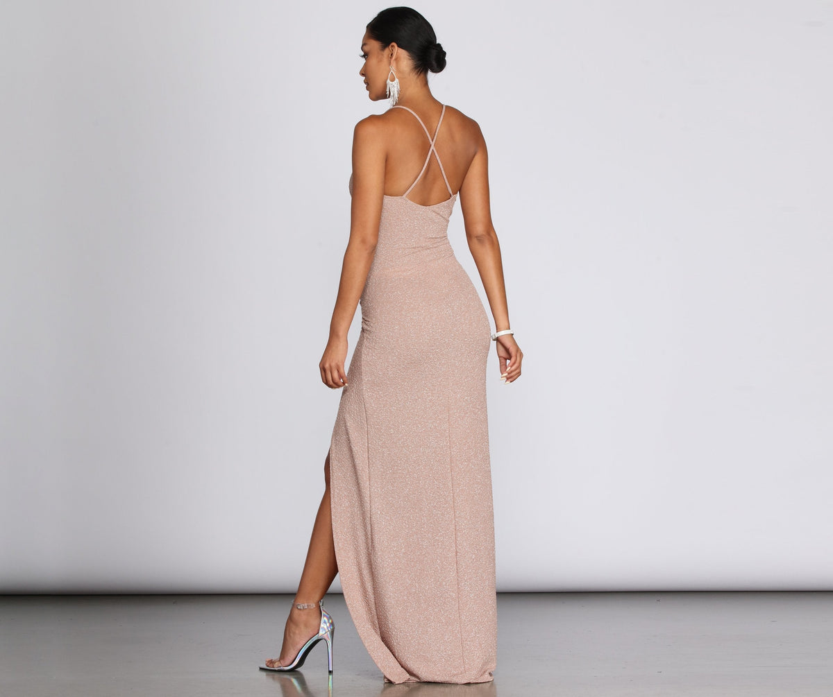 Glitter V-Neck Ruched High Slit Mermaid Gown