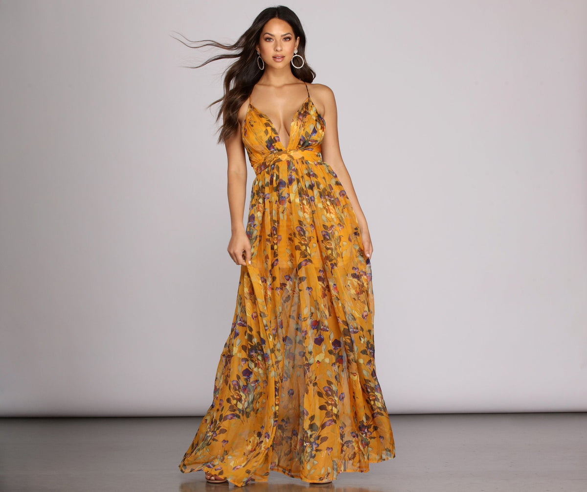 Floral Print V-Neck Empire Waist Chiffon Maxi Gown