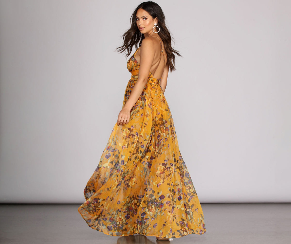 Floral Print V-Neck Empire Waist Chiffon Maxi Gown