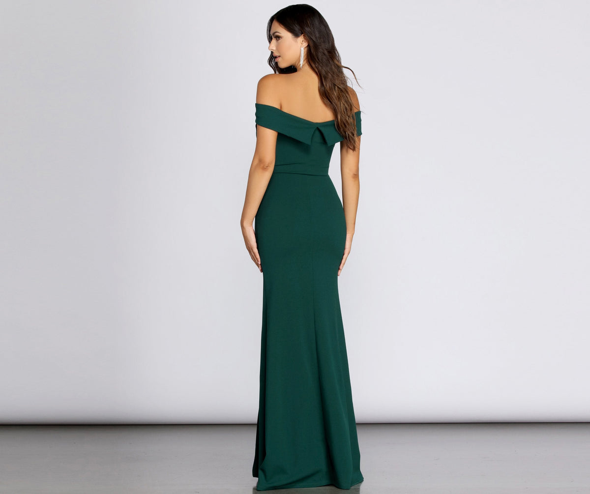 Off Shoulder High Split Crepe Mermaid Maxi Gown in HUNTER - View 4