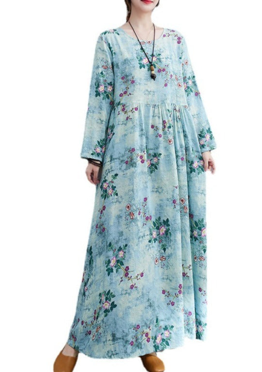 Small Floral Print Empire Waist Gathered Long Sleeve Loose Maxi Dress - View 6