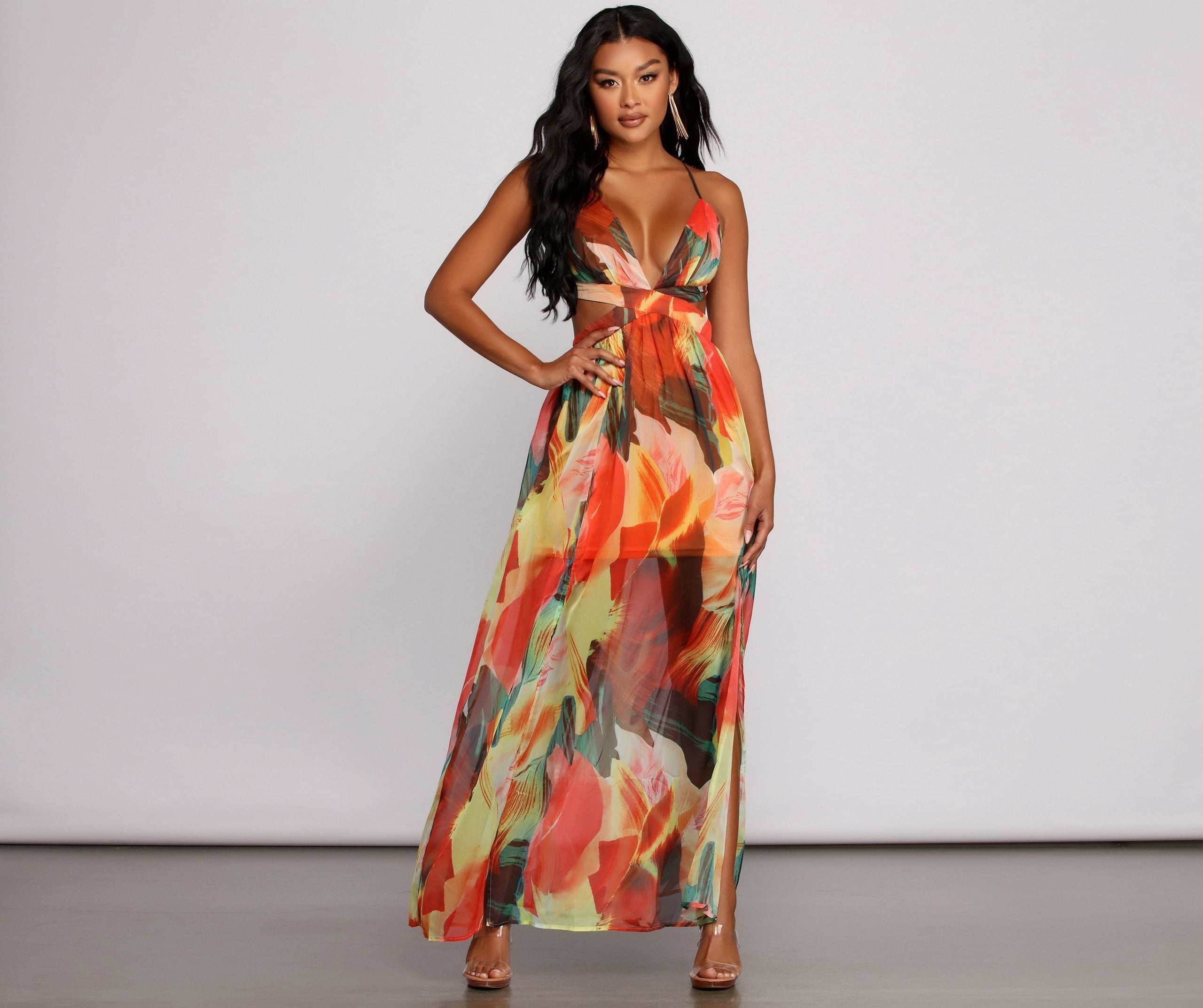Brighter Vibes Lace-Up Chiffon Maxi Dress - Fashionpara