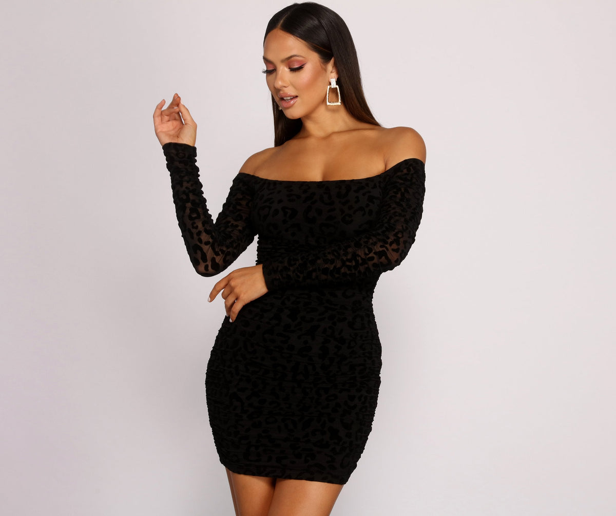 Flocked Leopard Off Shoulder Long Sleeve Mini Dress