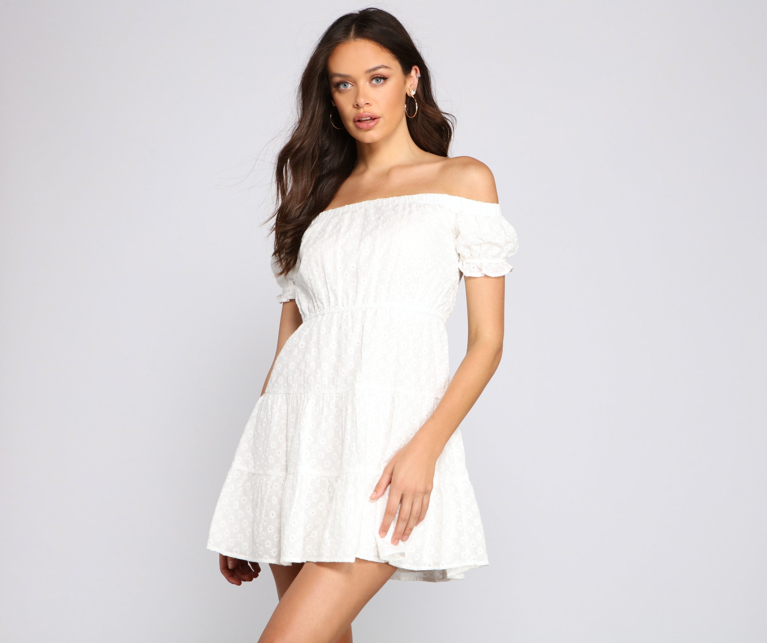 Off The Shoulder Eyelet Skater Dress - Fashionpara
