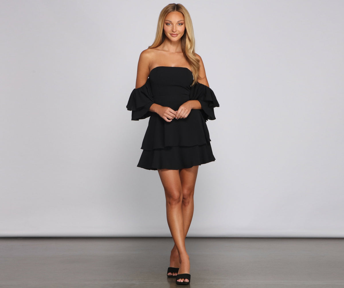 Strapless Ruffle Sleeve Tiered Fit & Flare Dress