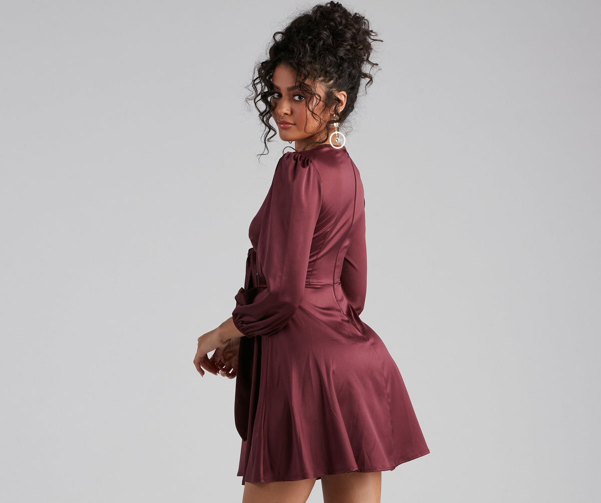 Satin V-Neck Long Sleeve Tie Front Fit & Flare Mini Dress