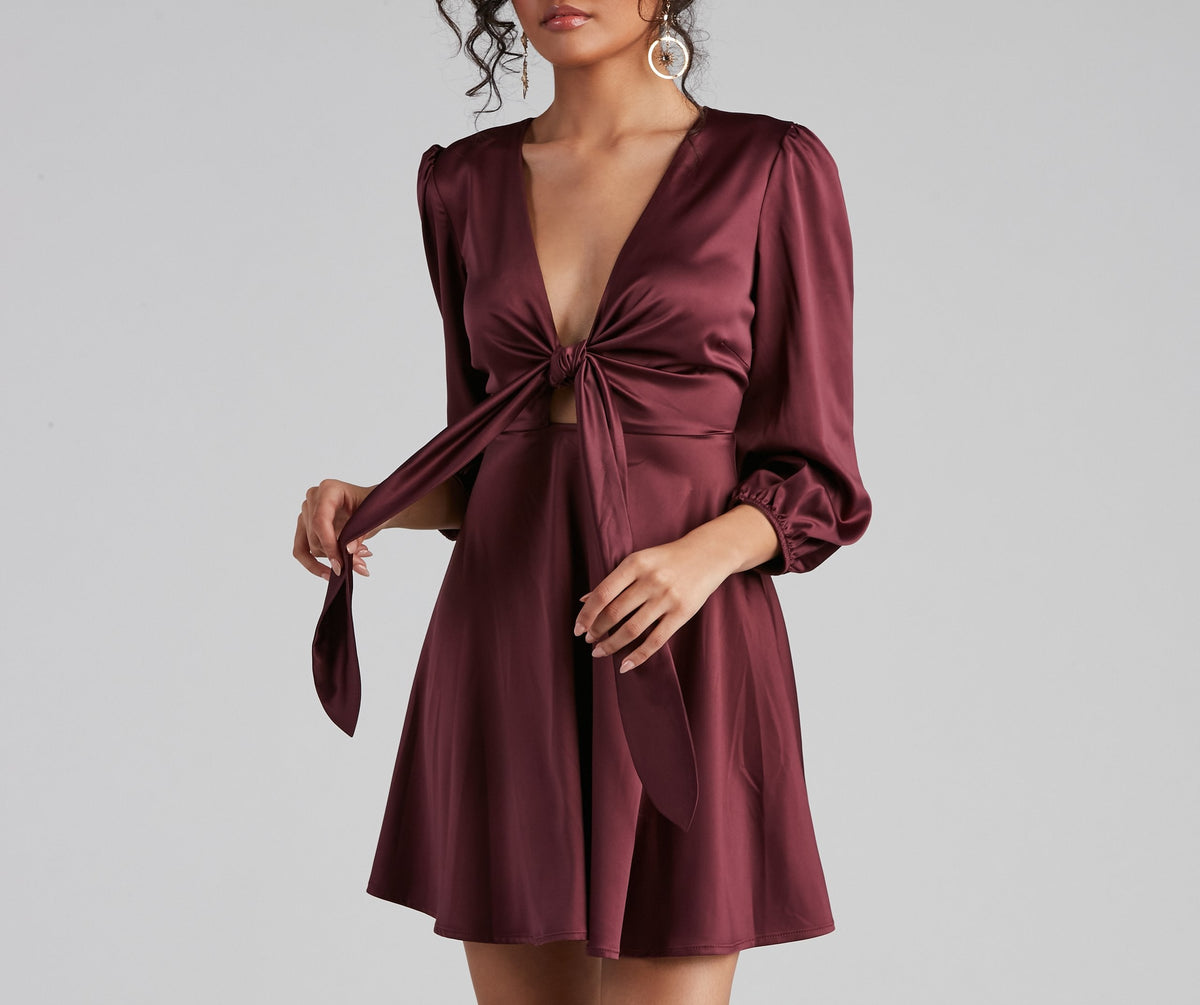 Satin V-Neck Long Sleeve Tie Front Fit & Flare Mini Dress