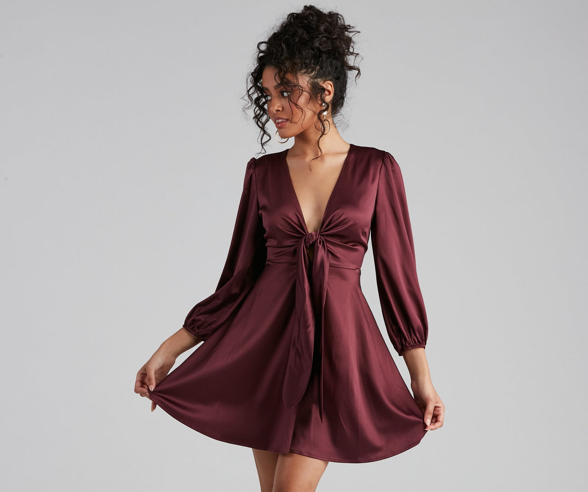 Satin Deep V-Neck Puff Sleeve Tie Front Fit and Flare Mini Dress