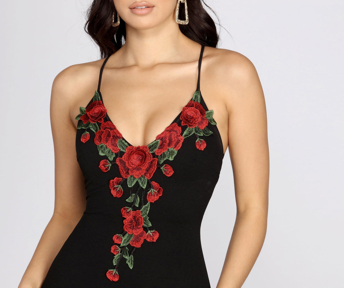 Rose Embroidered V-Neck Strappy Bodycon Mini Dress 3