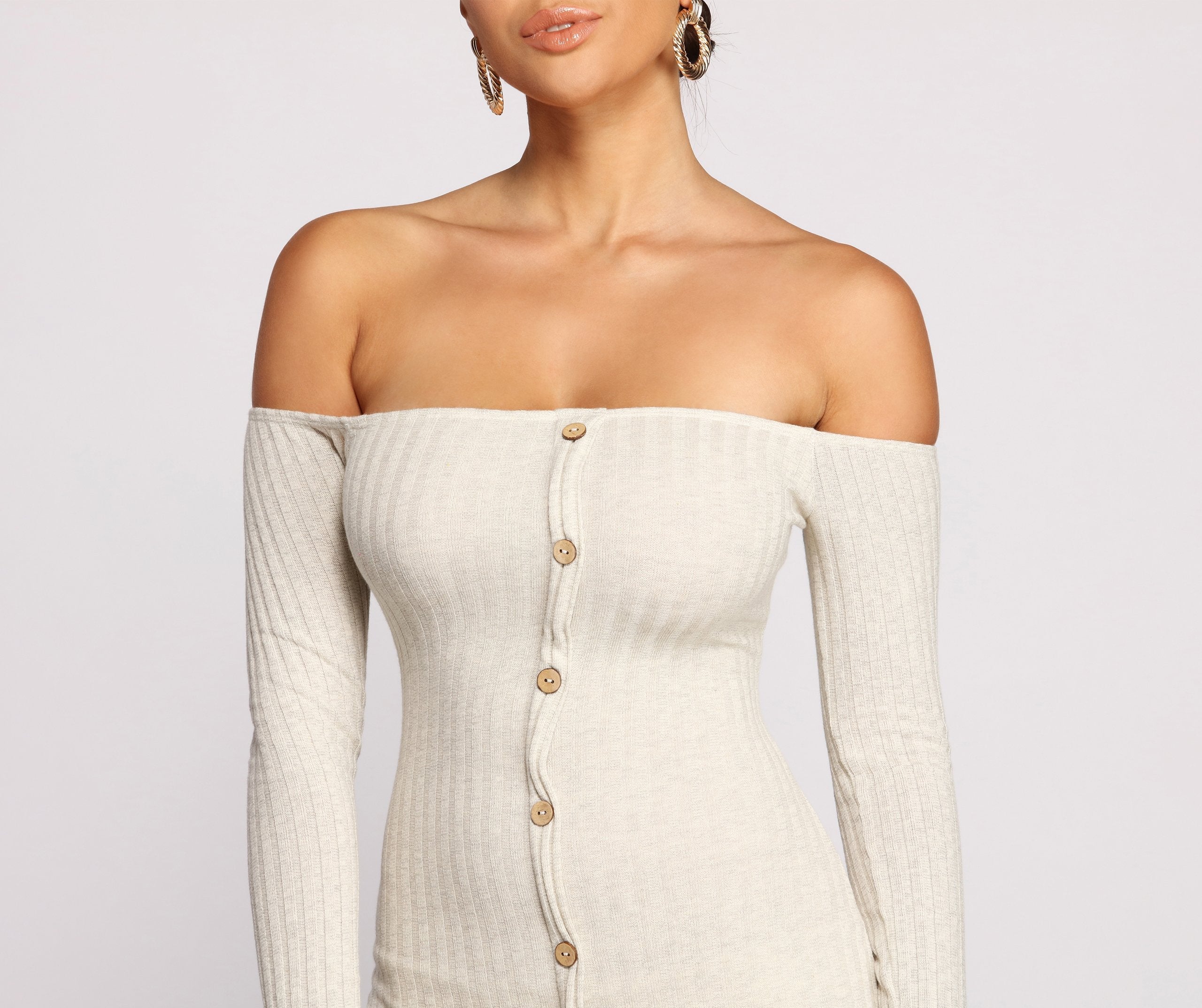 Off The Shoulder Button Down Mini Dress - Fashionpara