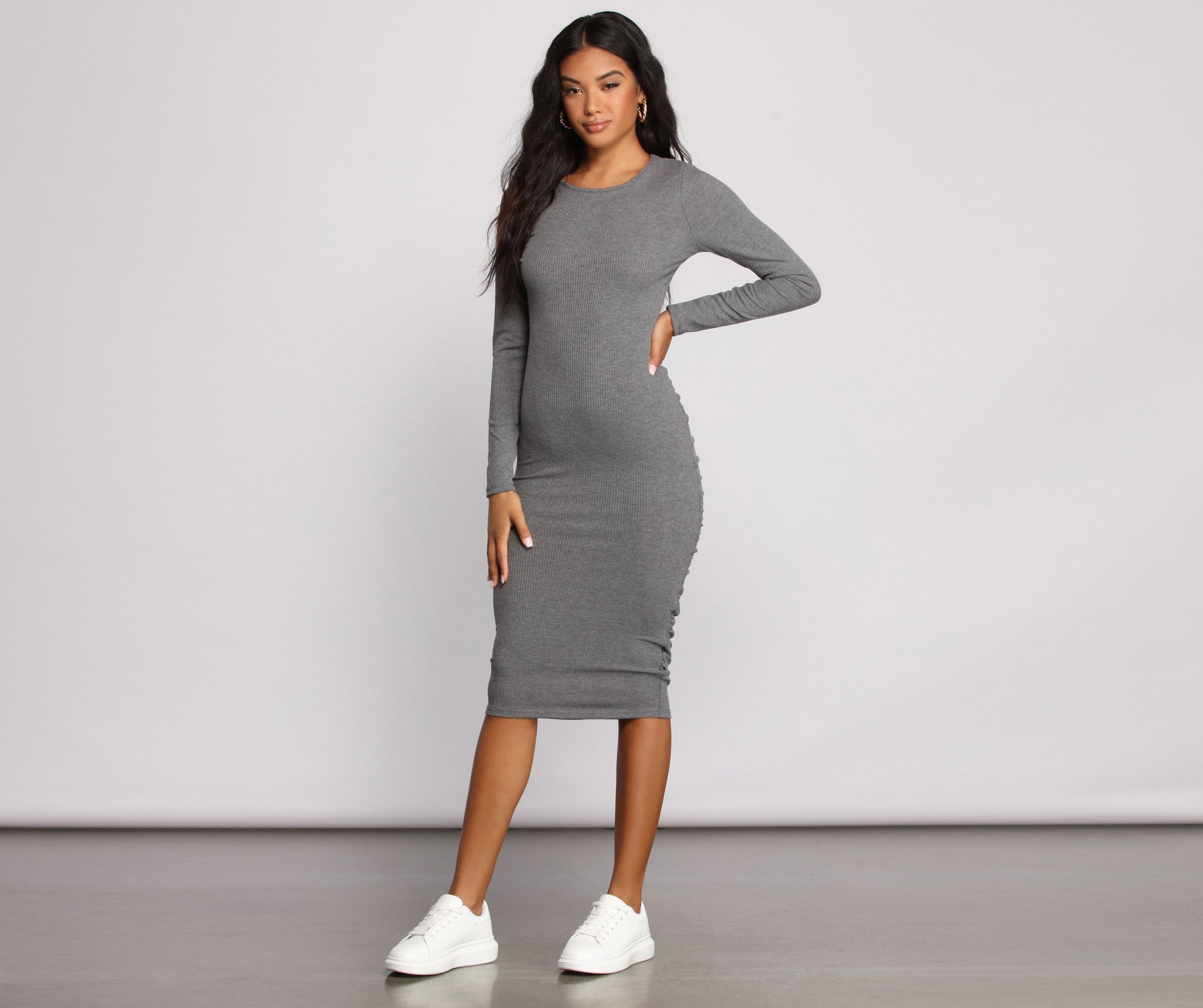 Open Back Ruched Ribbed Knit Midi Dress - Fashionpara