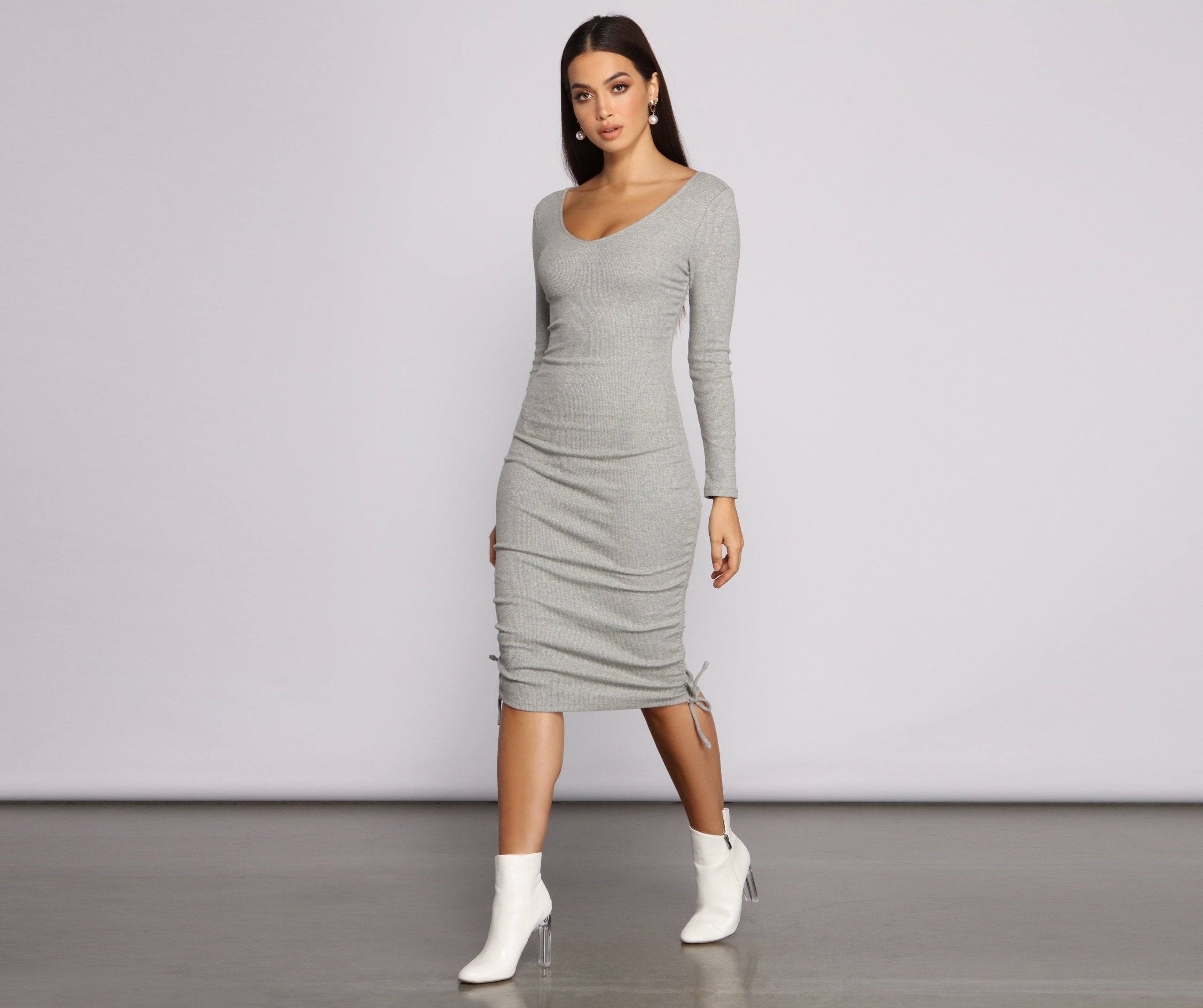 Fall Back To Basics Ribbed Knit Ruched Mini Dress - Fashionpara