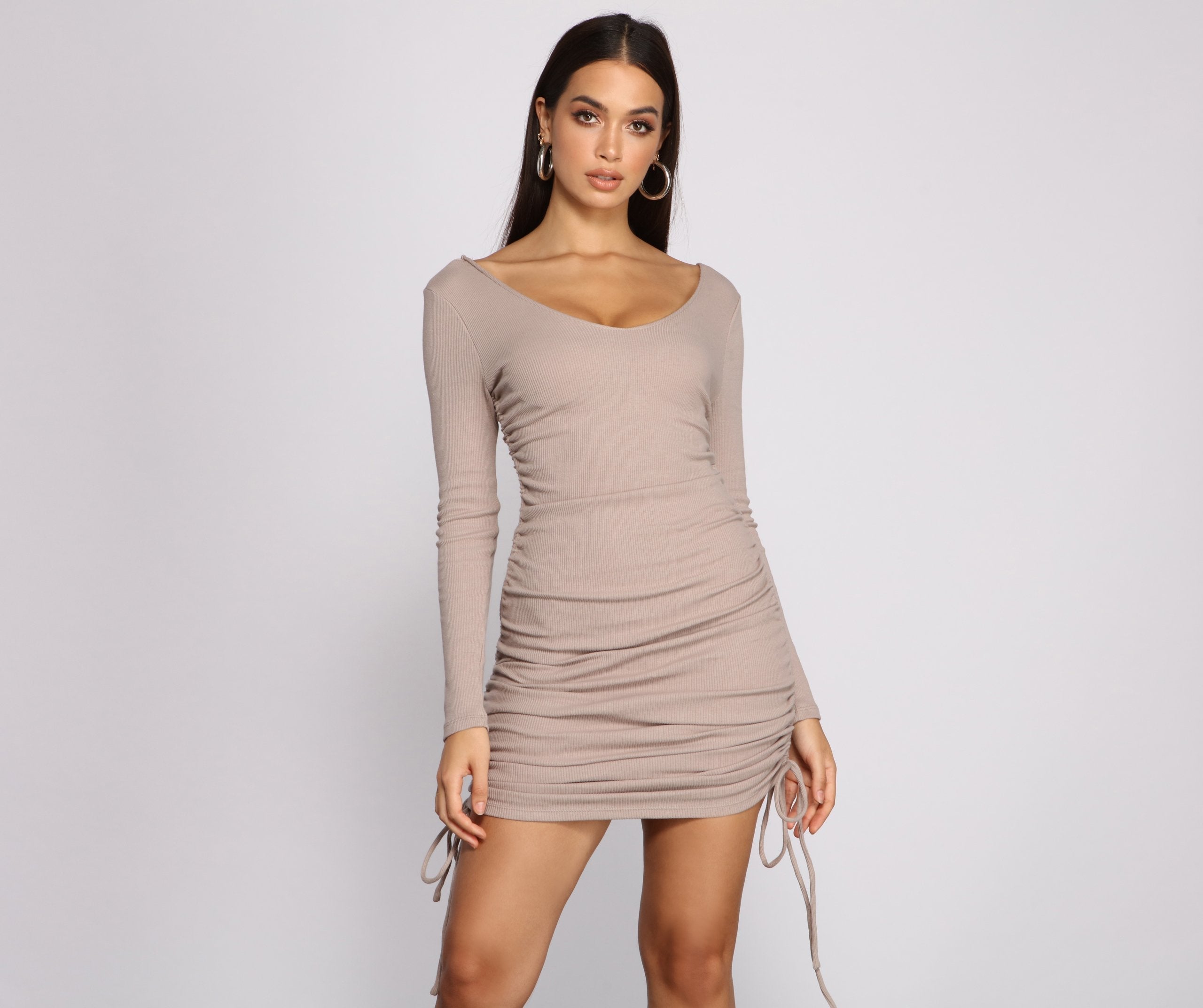 Fall Back To Basics Ribbed Knit Ruched Mini Dress - Fashionpara