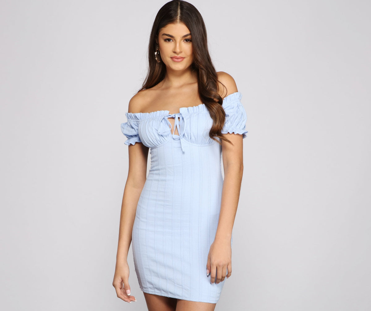 Ribbed Off Shoulder Puff Sleeve Bodycon Mini Dress