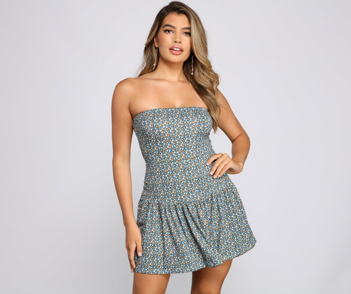 Floral Print Strapless Drop Waist Mini Dress 5
