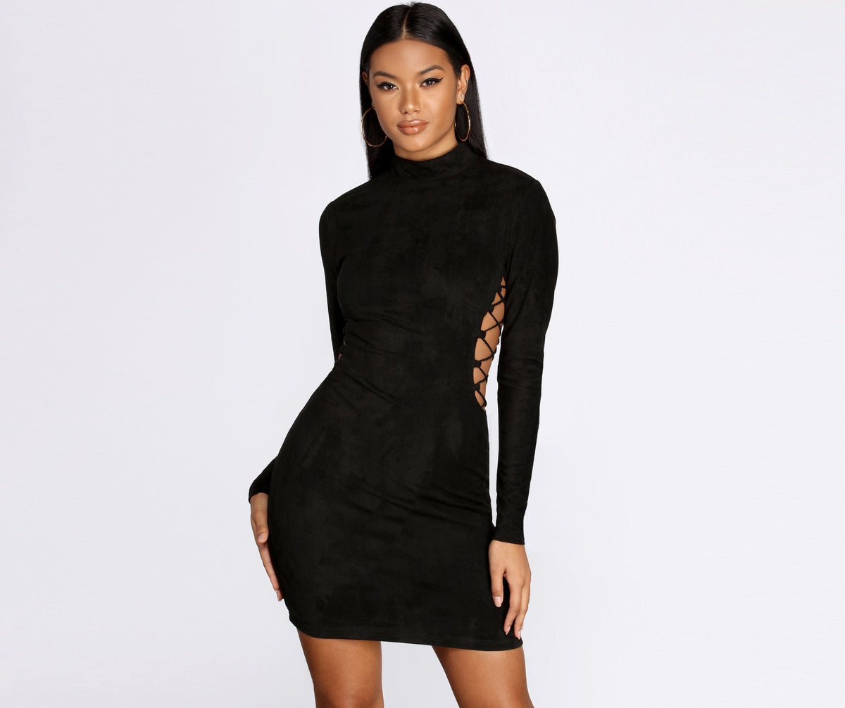 Suede Mock Neck Long Sleeve Lace Up Bodycon Mini Dress