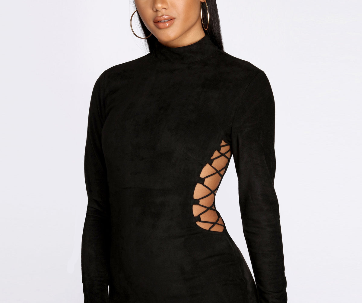 Suede Mock Neck Long Sleeve Lace Up Bodycon Mini Dress - View 4
