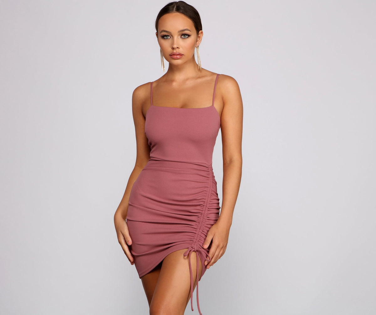 Square Neck Ruched Drawstring Bodycon Mini Dress 9