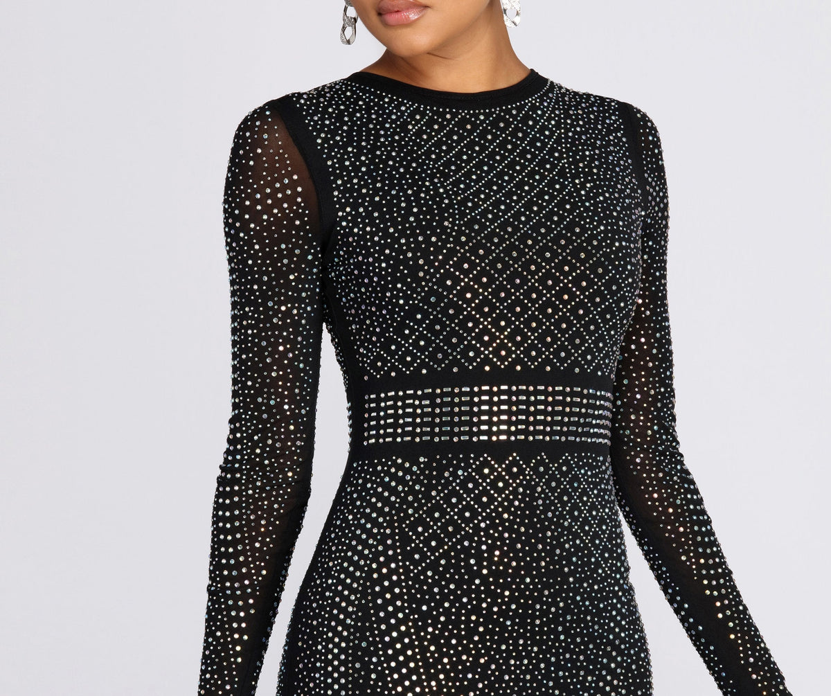 Rhinestone Crew-Neck Long Sleeve Bodycon Mini Dress 2