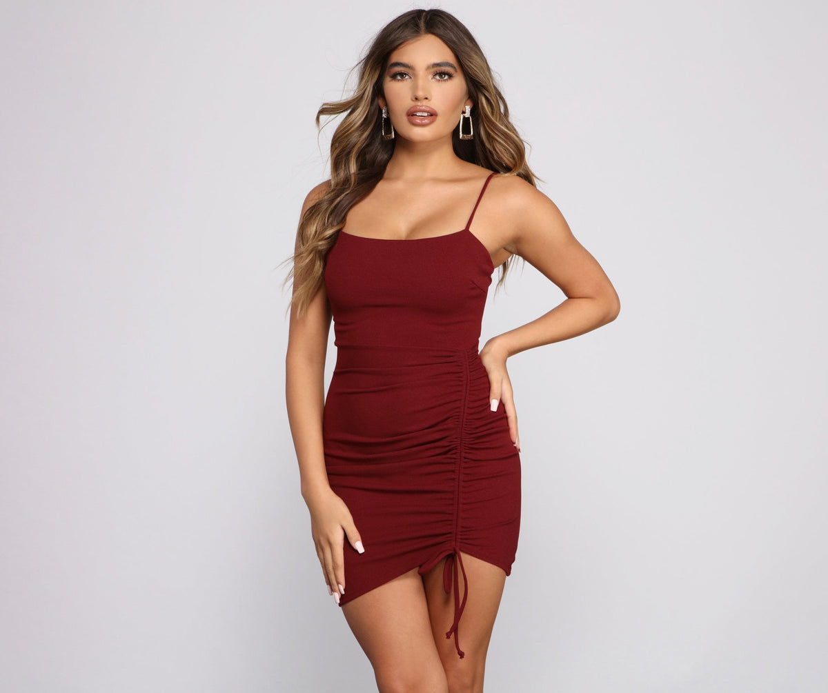 Square Neck Ruched Drawstring Bodycon Mini Dress 17