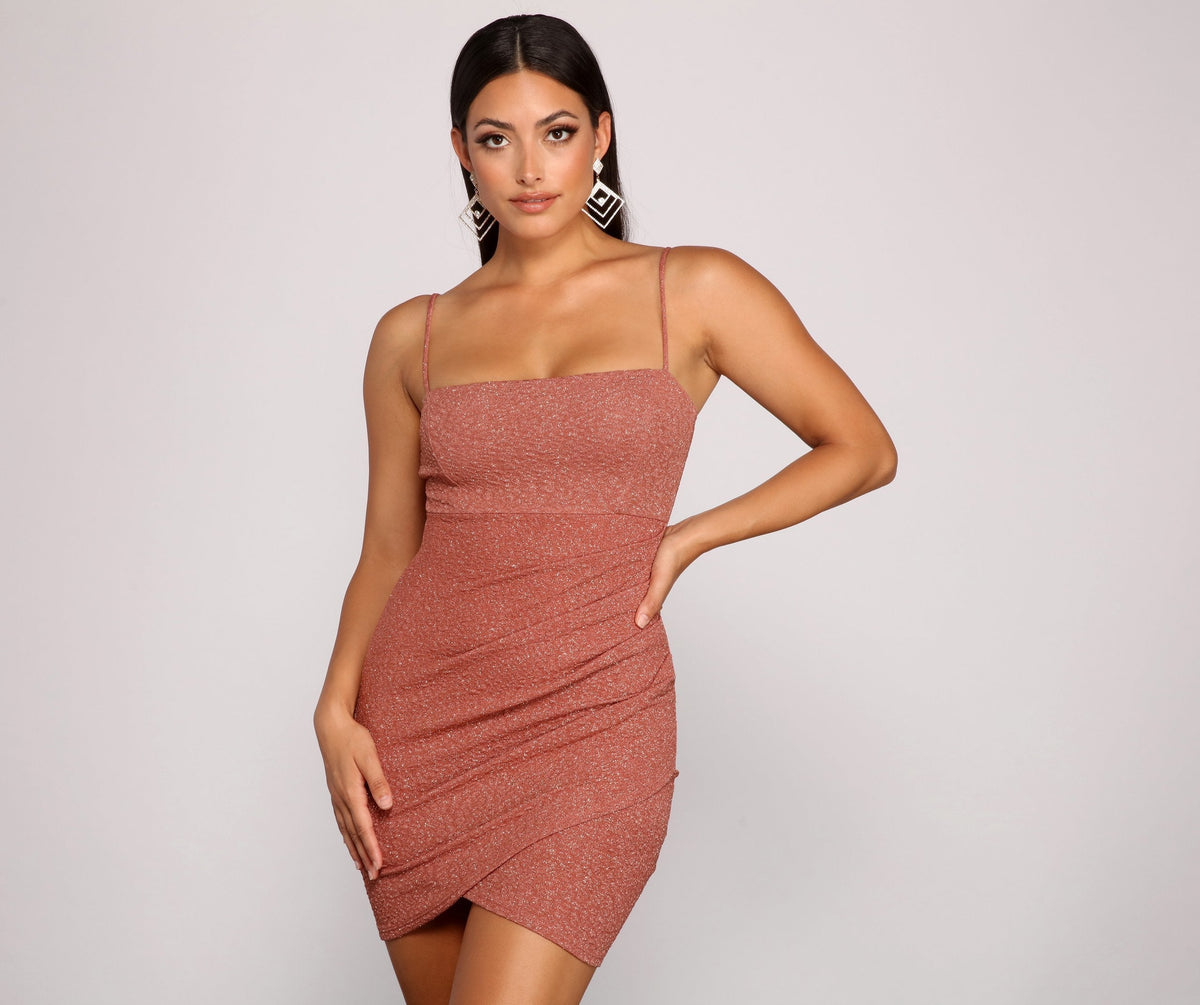 Shimmer Knit Square Neck Ruched Bodycon Mini Dress