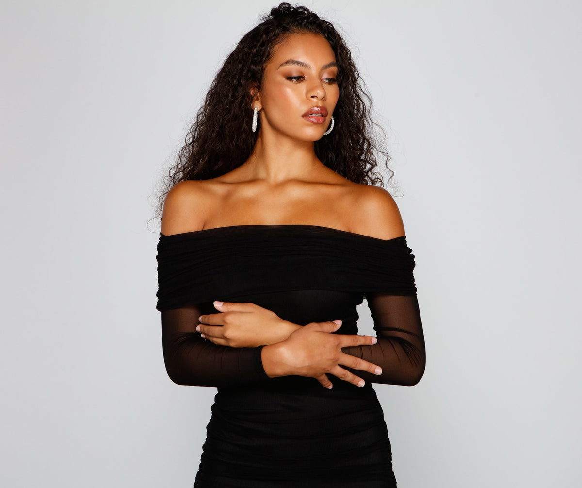 Mesh Off Shoulder Long Sleeve Ruched Bodycon Mini Dress 3