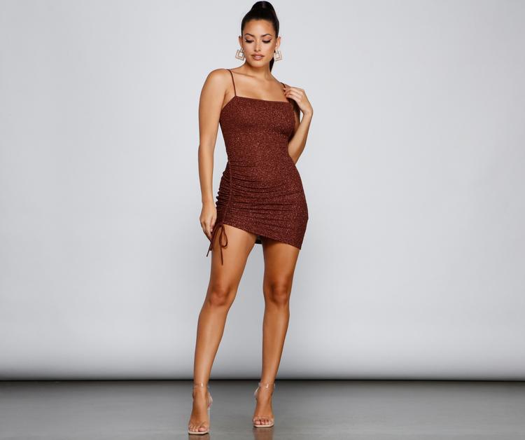 Glitter Knit Square Neck Ruched Bodycon Mini Dress
