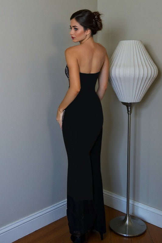 Angel Wings Rhinestone Strapless Bodycon Maxi Dress