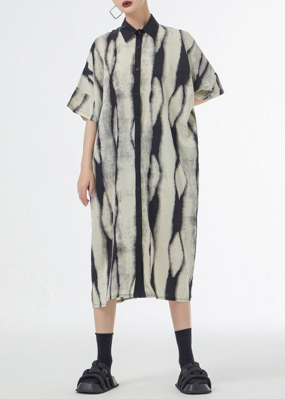 Abstract Print Collared Button Down Short Sleeve Shirt Midi Dress