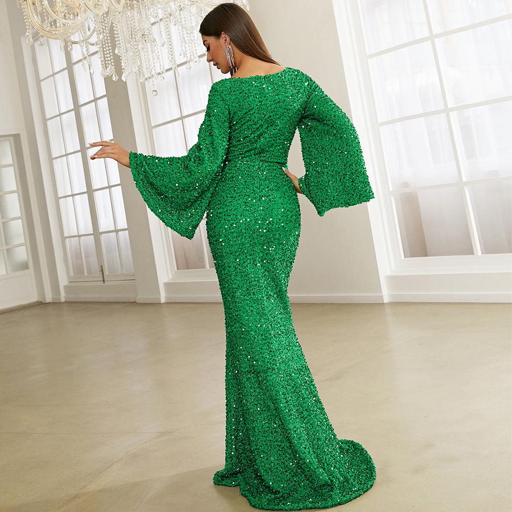 Shimmering Trumpet Sleeves Sequin Dress - Fashionpara