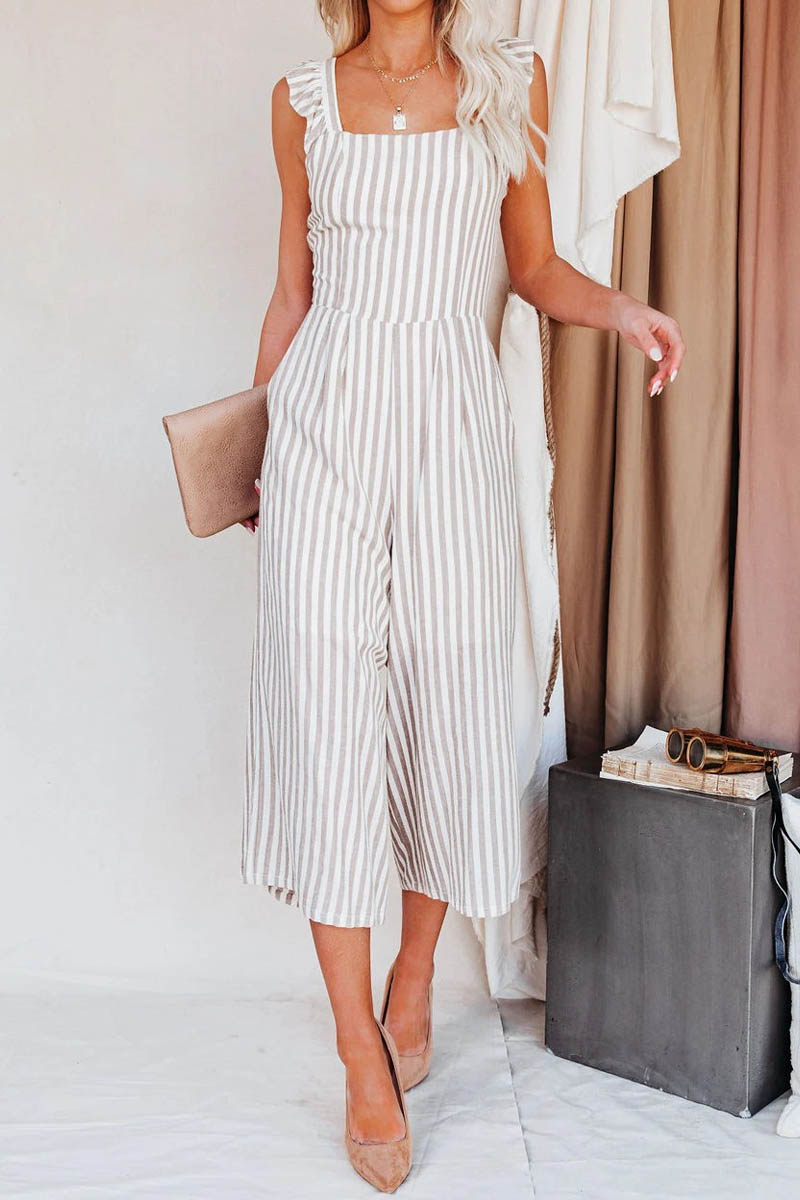 Flip Side Pocketed Striped Ruffle Jumpsuit - Fashionpara