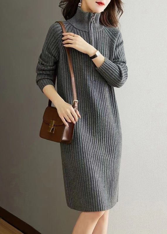 Ribbed Knit Mock Neck Half Zip Long Sleeve Shift Knee Length Dress - View 3
