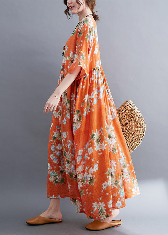 Floral Print Round Neck Elbow Sleeve Empire Waist Maxi Dress - View 4