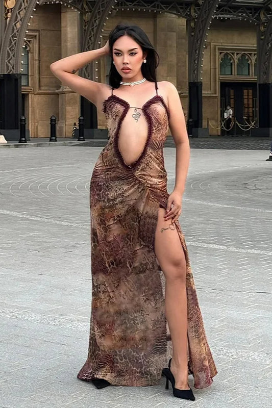 Plunge Strappy Cutout Ruched Maxi Dress