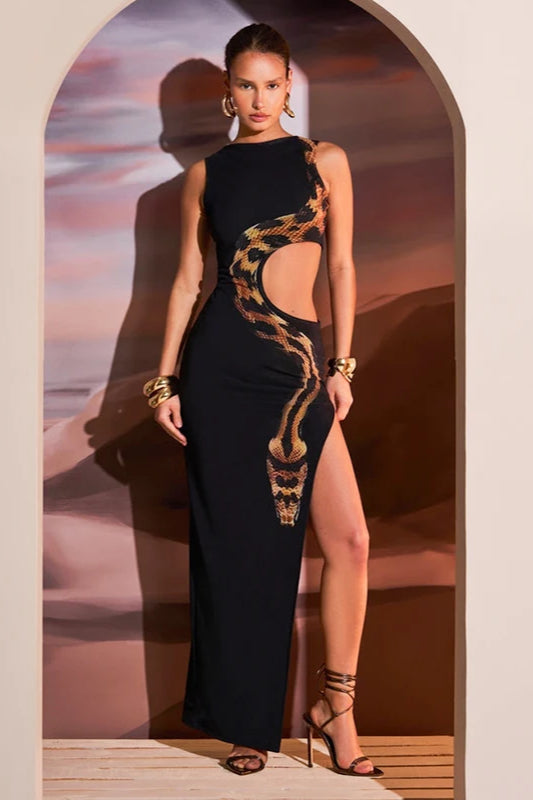 Snake Print High Neck Cutout Side Slit Maxi Gown
