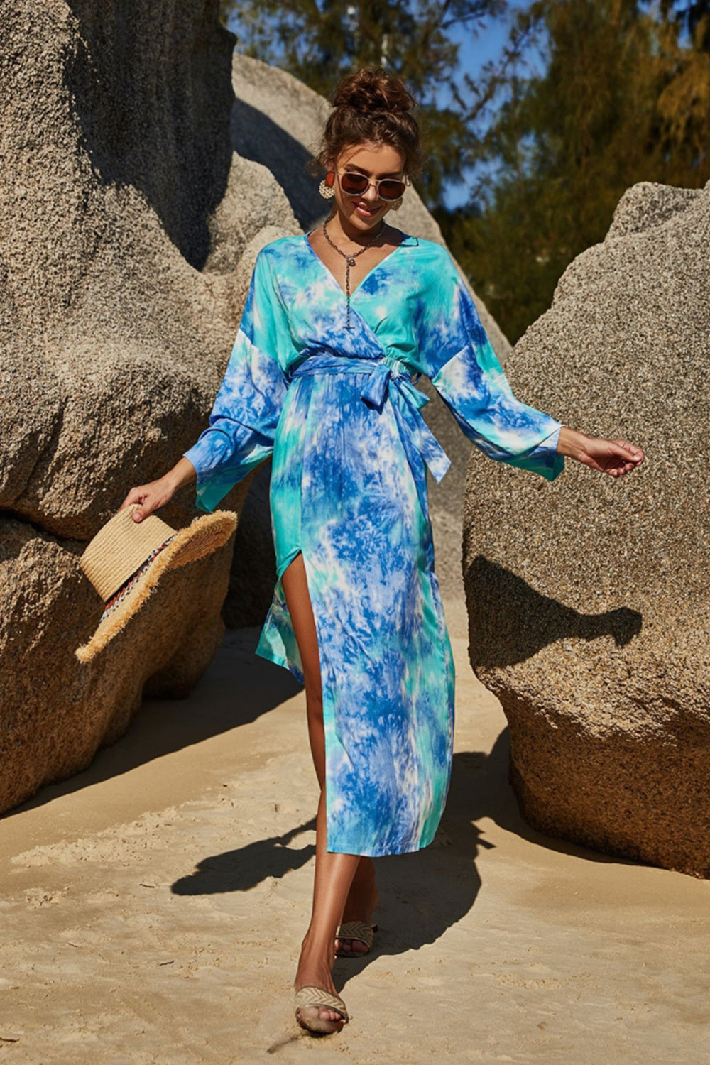 Tie-Dye Printed Split Dress - Fashionpara