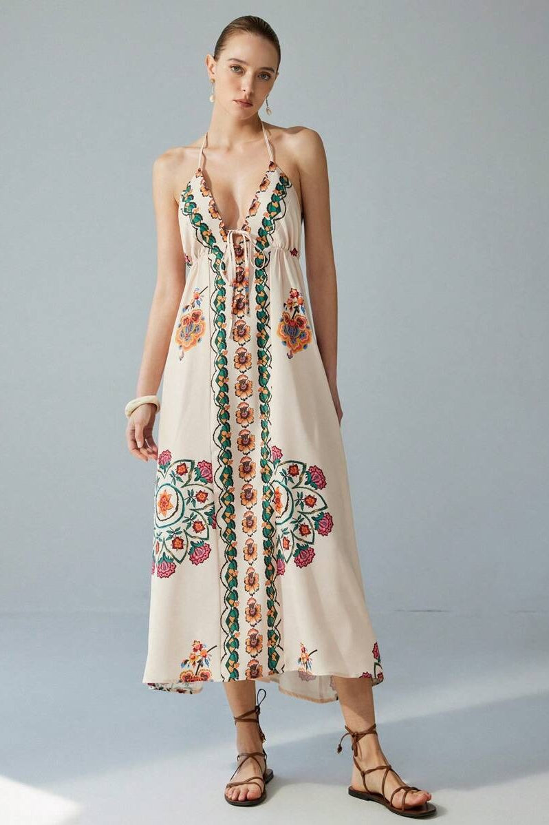 Embroidered Floral Halter Neck V-Neck Maxi Dress