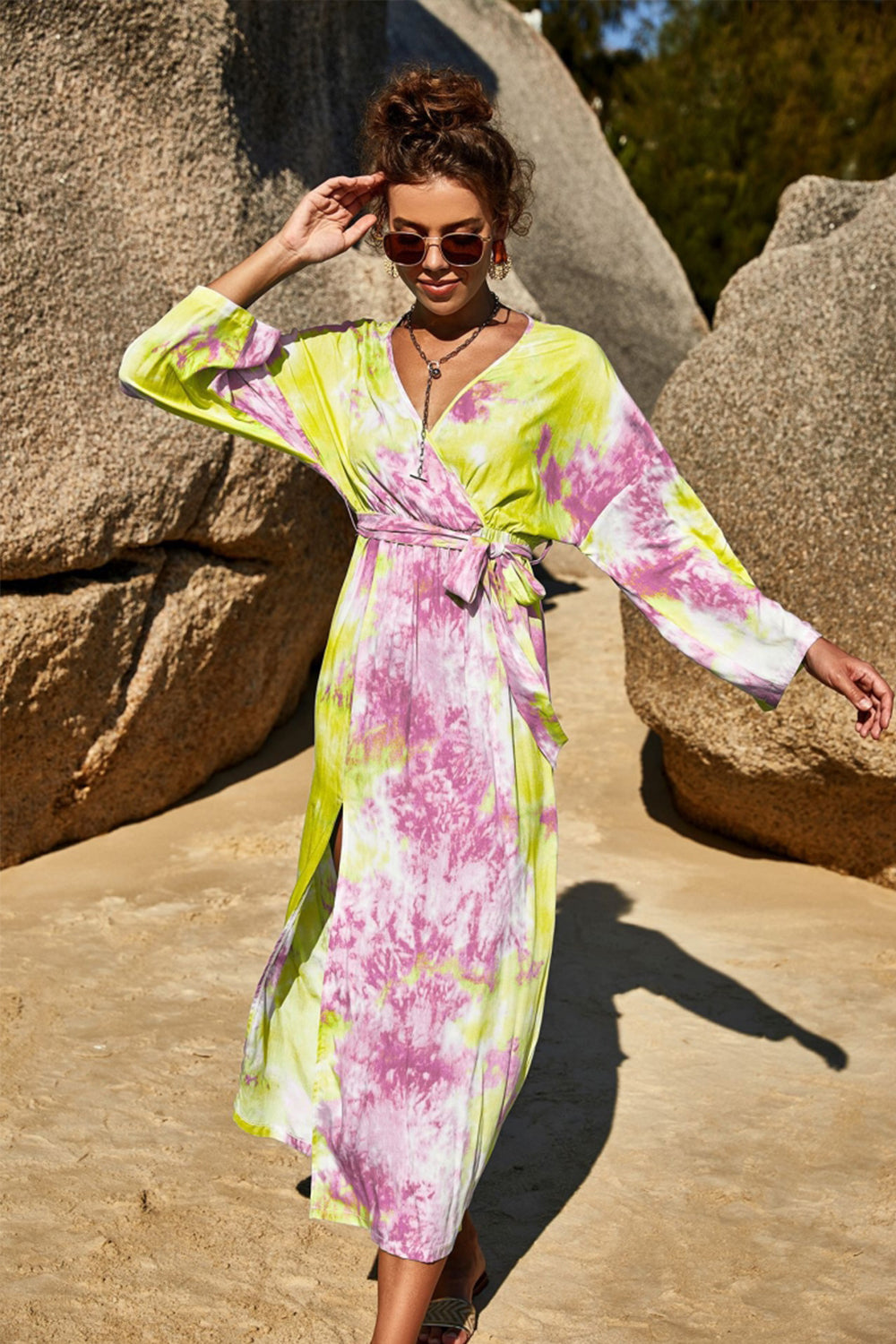 Tie-Dye Printed Split Dress - Fashionpara