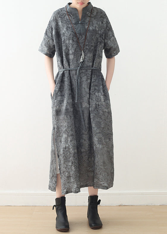 Floral Damask Mandarin Collar Short Sleeve Toggle Maxi Dress - View 3