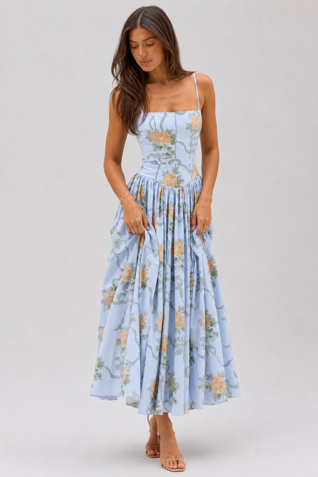 Floral Print Corset Drop Waist Full Skirt Maxi Dress