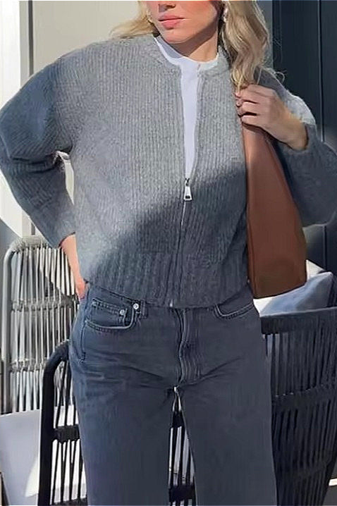 Crew-Neck Long-Sleeve Zip Solid Knit Cardigan 4