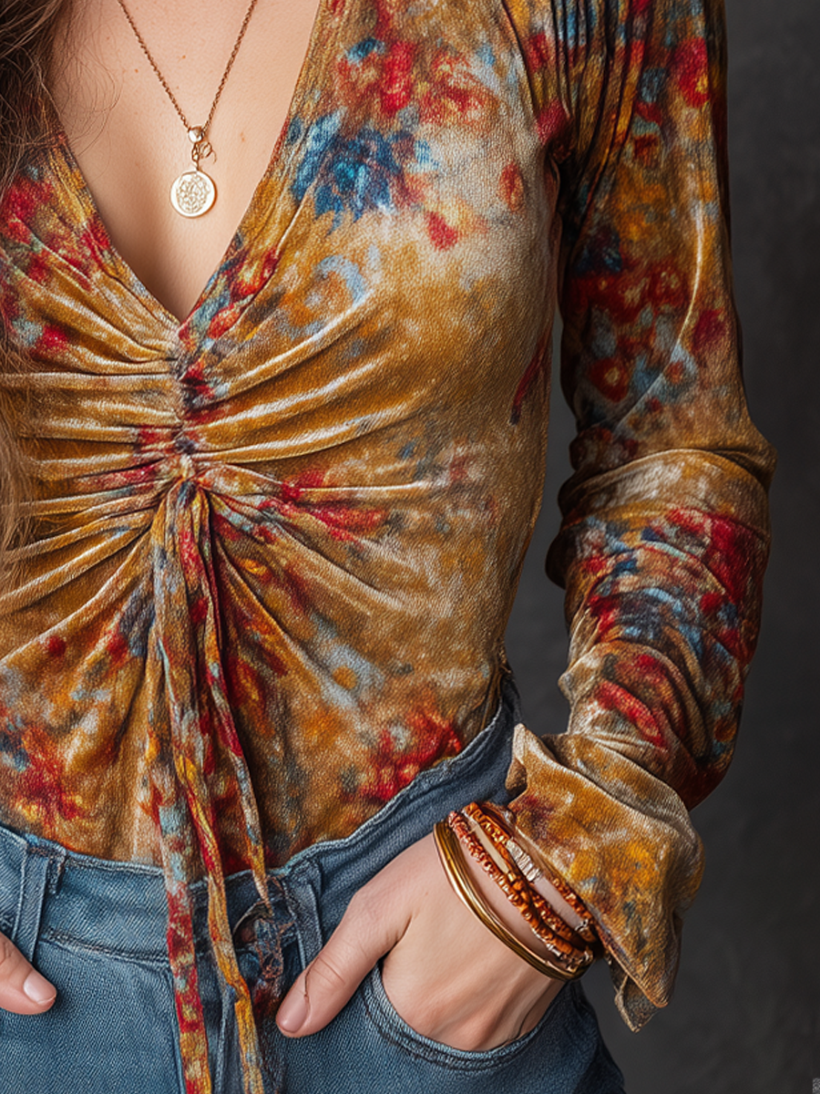 Vintage Floral Printed V-neck Long Sleeve Blouse - Fashionpara