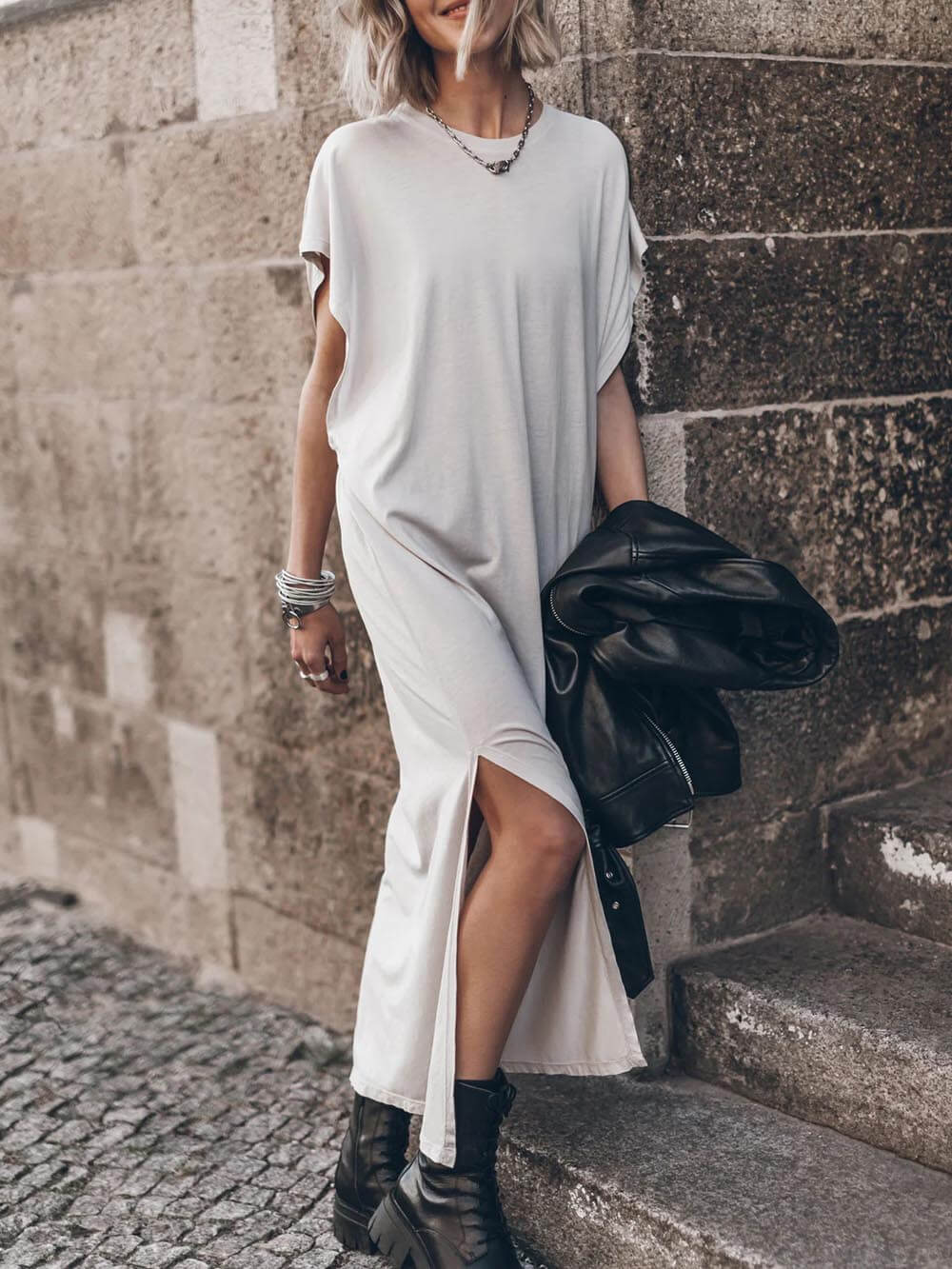 Effortless Open Sleeve Slit Oversized T-shirt Midi Dress - Fashionpara