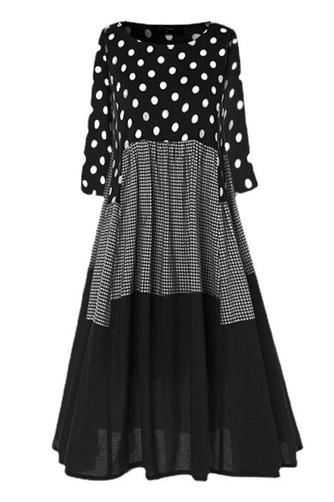 Polka Dot Colour Block Round Neck Tiered Maxi Dress