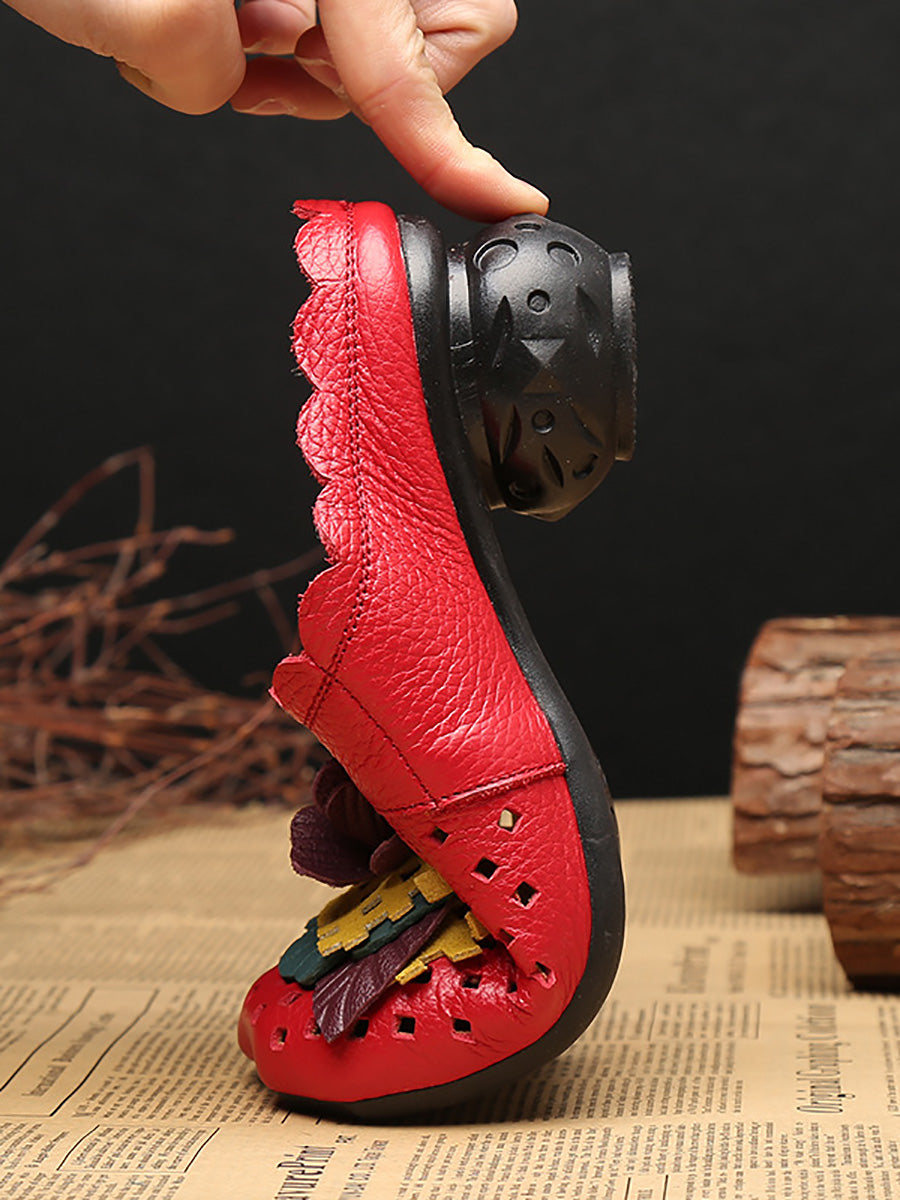 Ethnic Leather Flower Spliced Low Heel Sandals