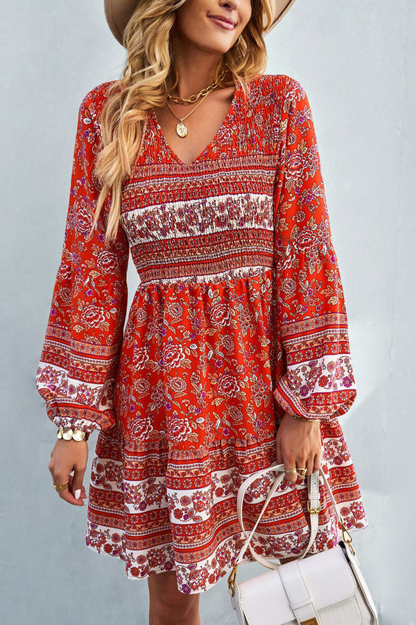Bohemia Smocked Bust Long Sleeve Printed Dress