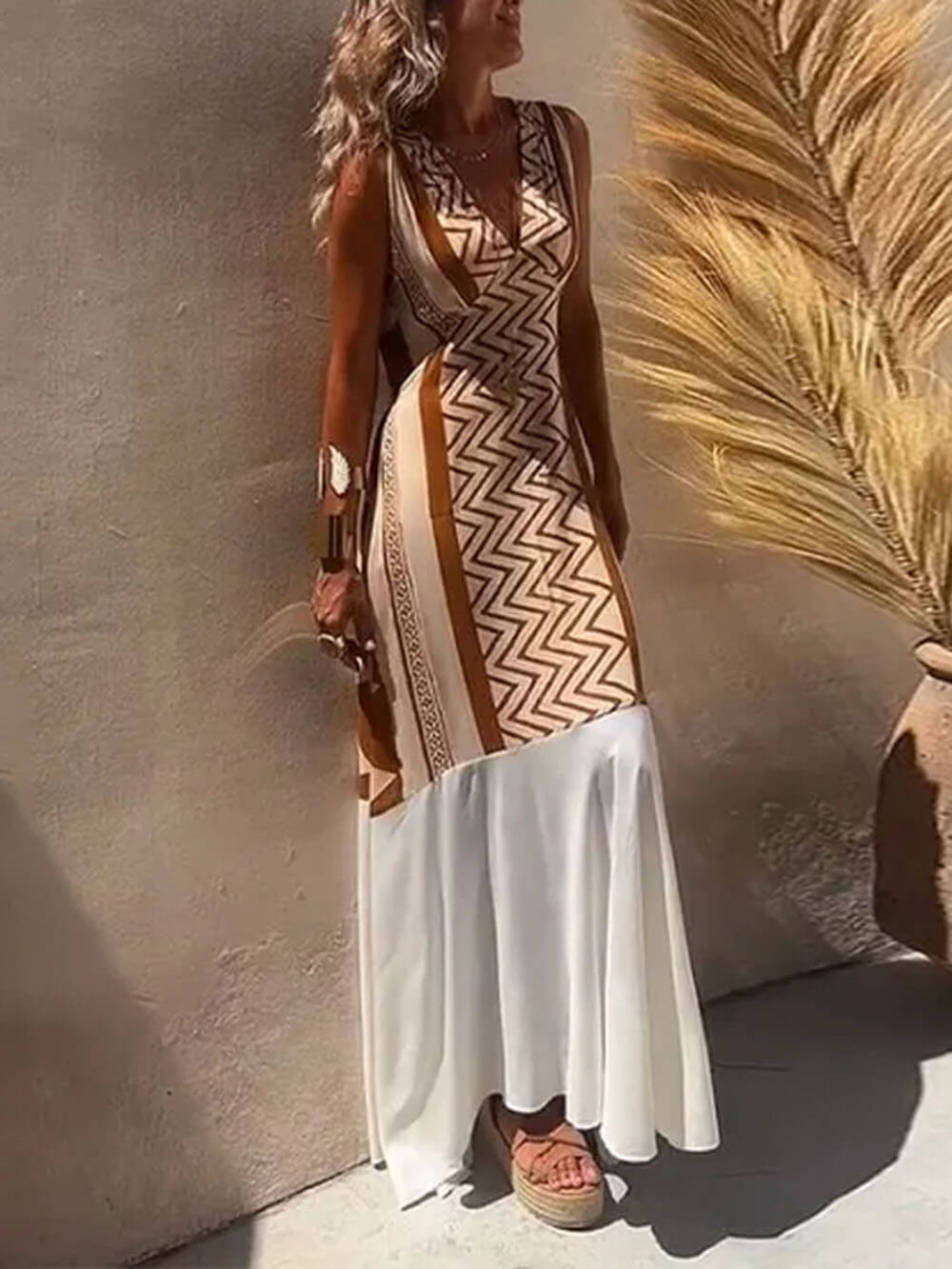 Ethnic Print Patchwork A-line Maxi Dress - Fashionpara