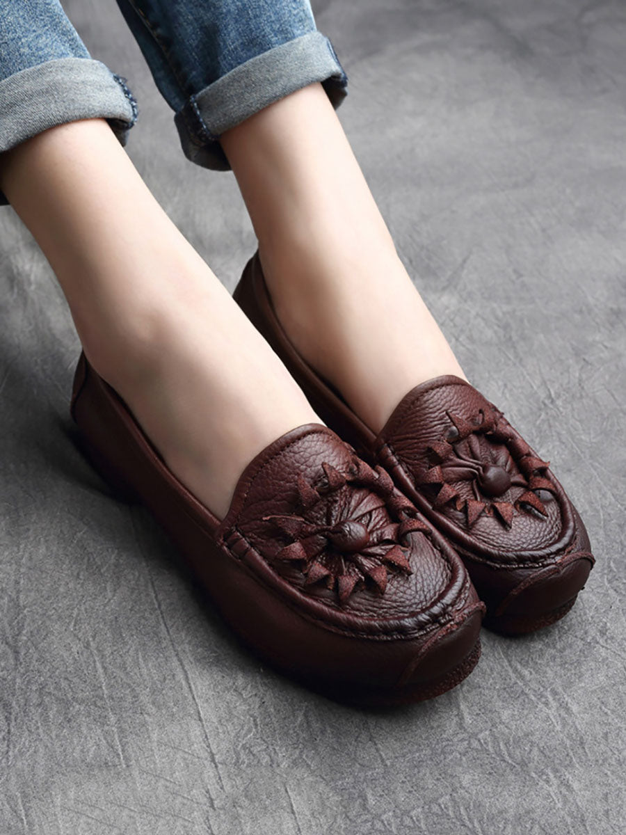 Vintage Flower Genuine Leather Low Heel Shoes